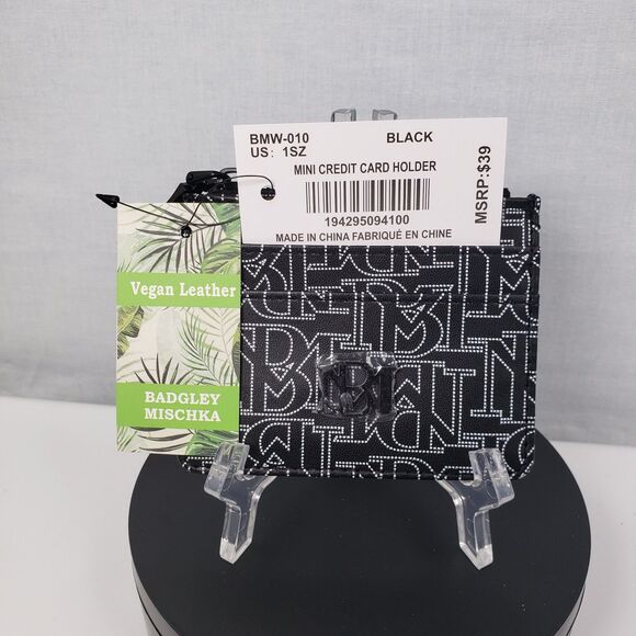 Badgley Mischka Black White Logo Monogram Mini Credit Card Holder Coin Wallet - Picture 13 of 14